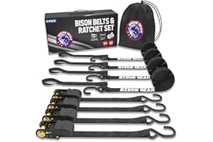 Ratchet Tie Down Straps 20ft 4 Pack by Bison Gear® UV Resistant 2200lb Heavy Duty Cargo Straps with Ergonomic Rubber Grips & Coated Deep S Hooks - Safety Standards Certified (Black)