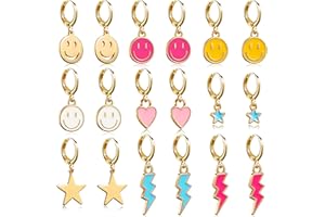 LieToi 9 Pairs Preppy Earrings Pack with Colorful Happy Smile Lightning Bolt Heart Star Charms Pendants Gold Small Huggie Hoop Dangle Earrings Trendy Y2K Preppy Jewelry Gifts for Teens Women