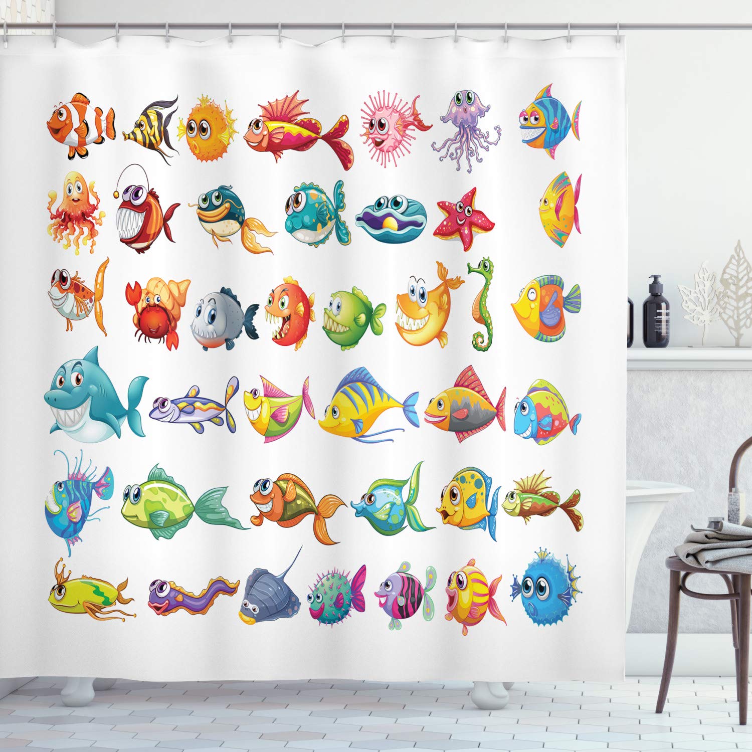 ABAKUHAUS Fish Shower Curtain, Composition of Sea Creatures Nursery Cartoon Style Vivid Colors Happy Fish Abstract, Cloth Fabric Bathroom Decor Set with Hooks, 86 Inches Extra Long, Multicolor — image 1