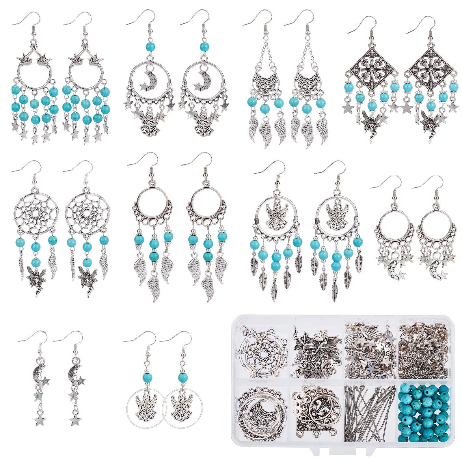 SUNNYCLUE 1 Box DIY 10 Pairs Bohemian Style Chandelier Charms Angel Charm Earring Making Kit Angel Wing Dream Catcher Charms for Jewellery Making Fairy Star Feather Charm Flower End Caps Adult Craft