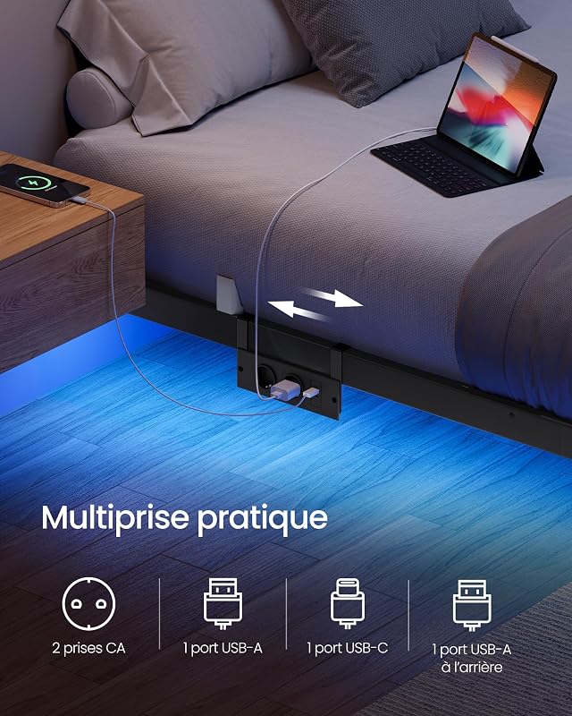 Lit Flottant 90 x 190 cm, avec Lumières LED, Station de Charge