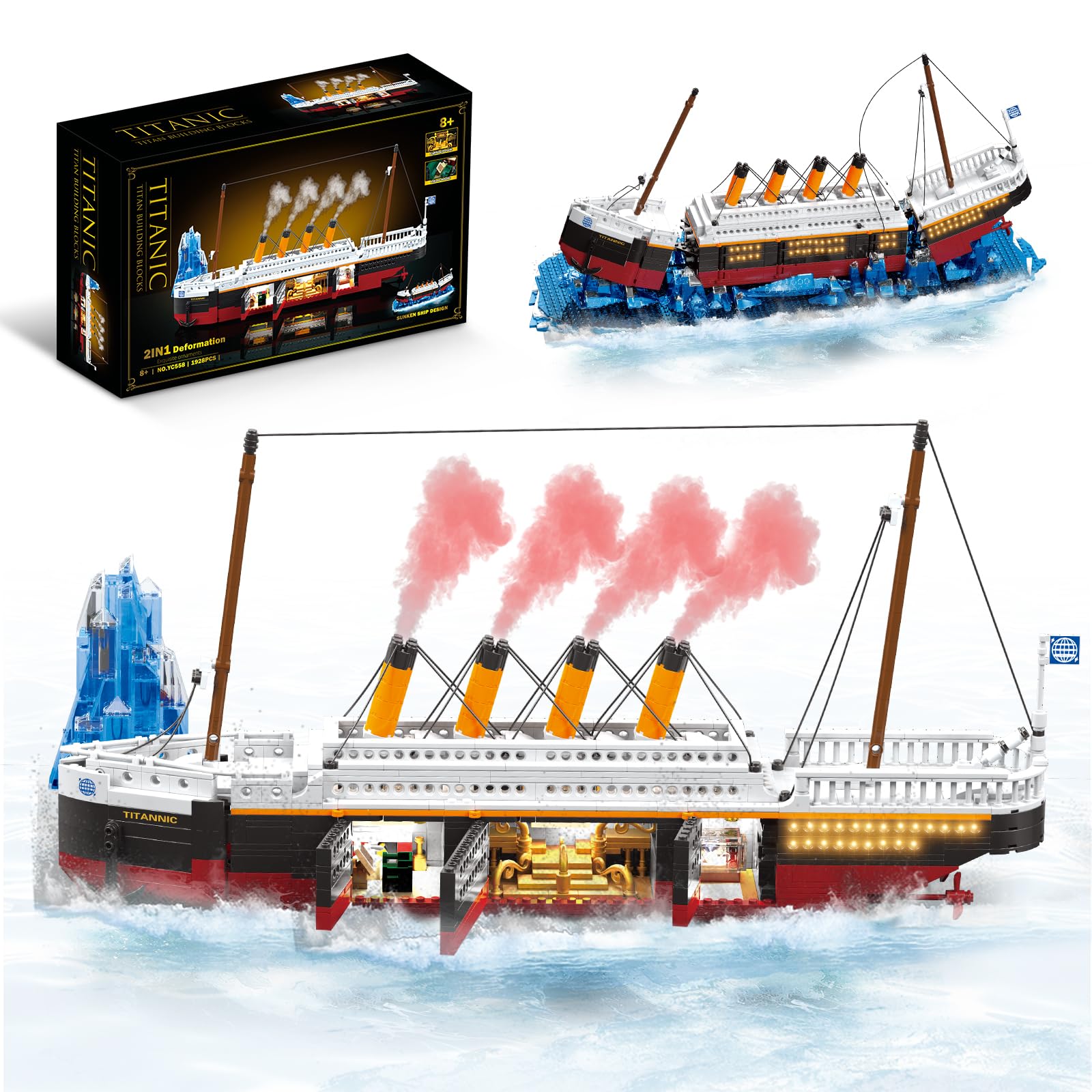 Photo 1 of 2 in 1 Titanic Building Set, Titanic Big Ship Model Building Kit with Lights Bricks and Glacier, Compatible with Lego for Adults Men, 1928 Pieces STEM Construction Toy for Kids Teens Boys Ages 8-14+