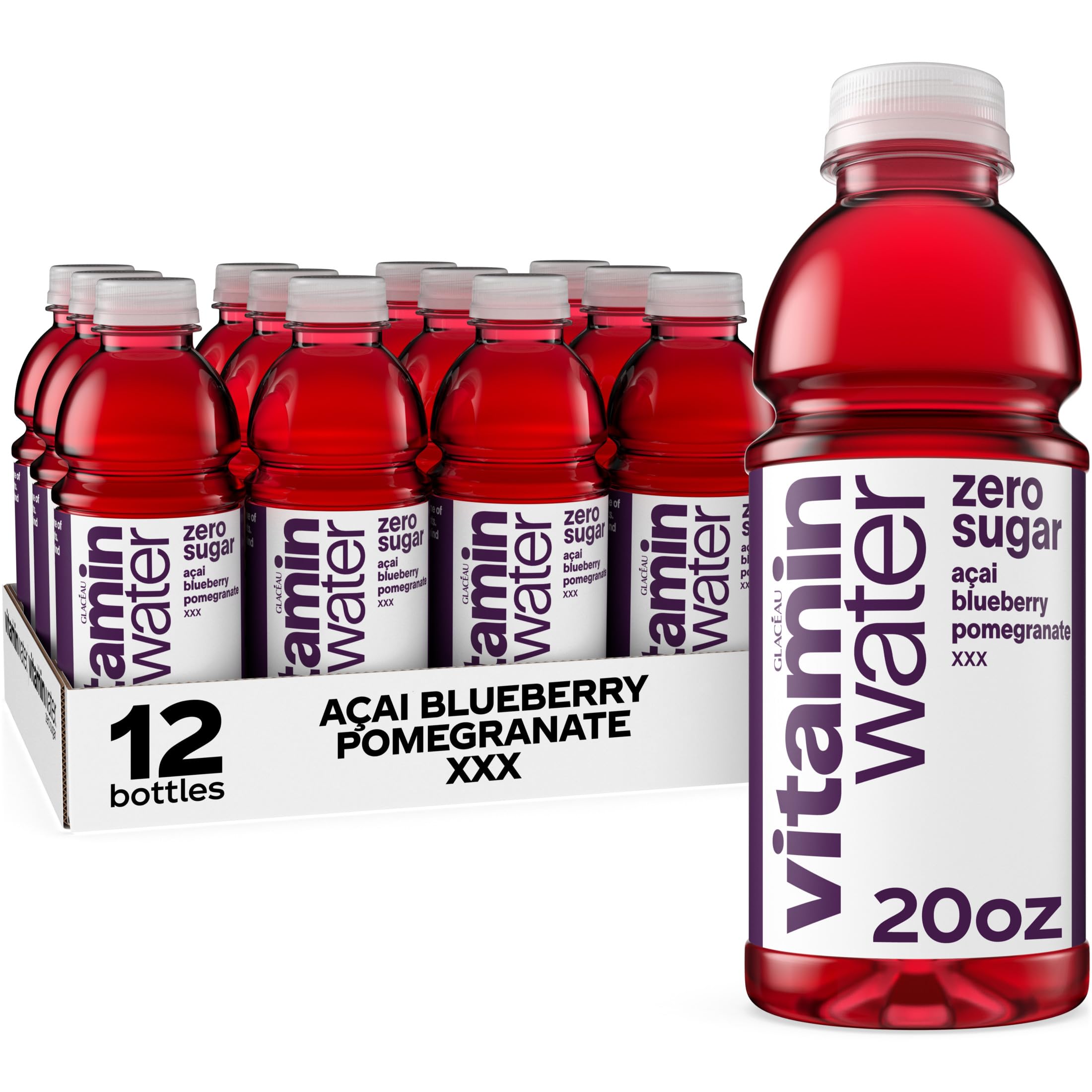 Photo 1 of ***BB 08/09/2025***
vitaminwater XXX Acai-Blueberry-Pomegranate Zero Sugar, Flavored Water Beverage, 20 fl oz Bottles, 12 Pack
