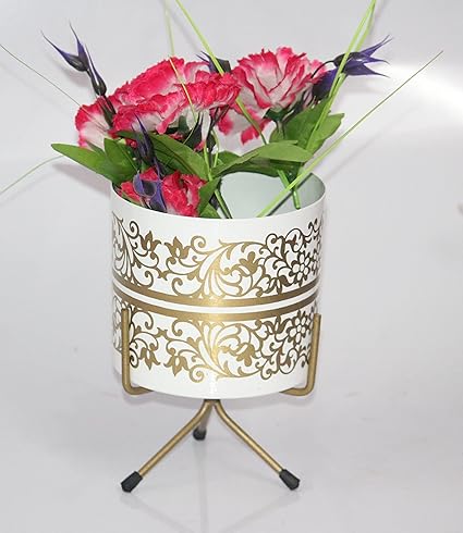 Elegant Crafts India Mordern Design Table or Outdoor Planter with Rust Free Metal Stand Plant Container SetPack of 1 Width X Height 06X7.5 Inches (White and Gold) Pot with Golden Rust Free Stand