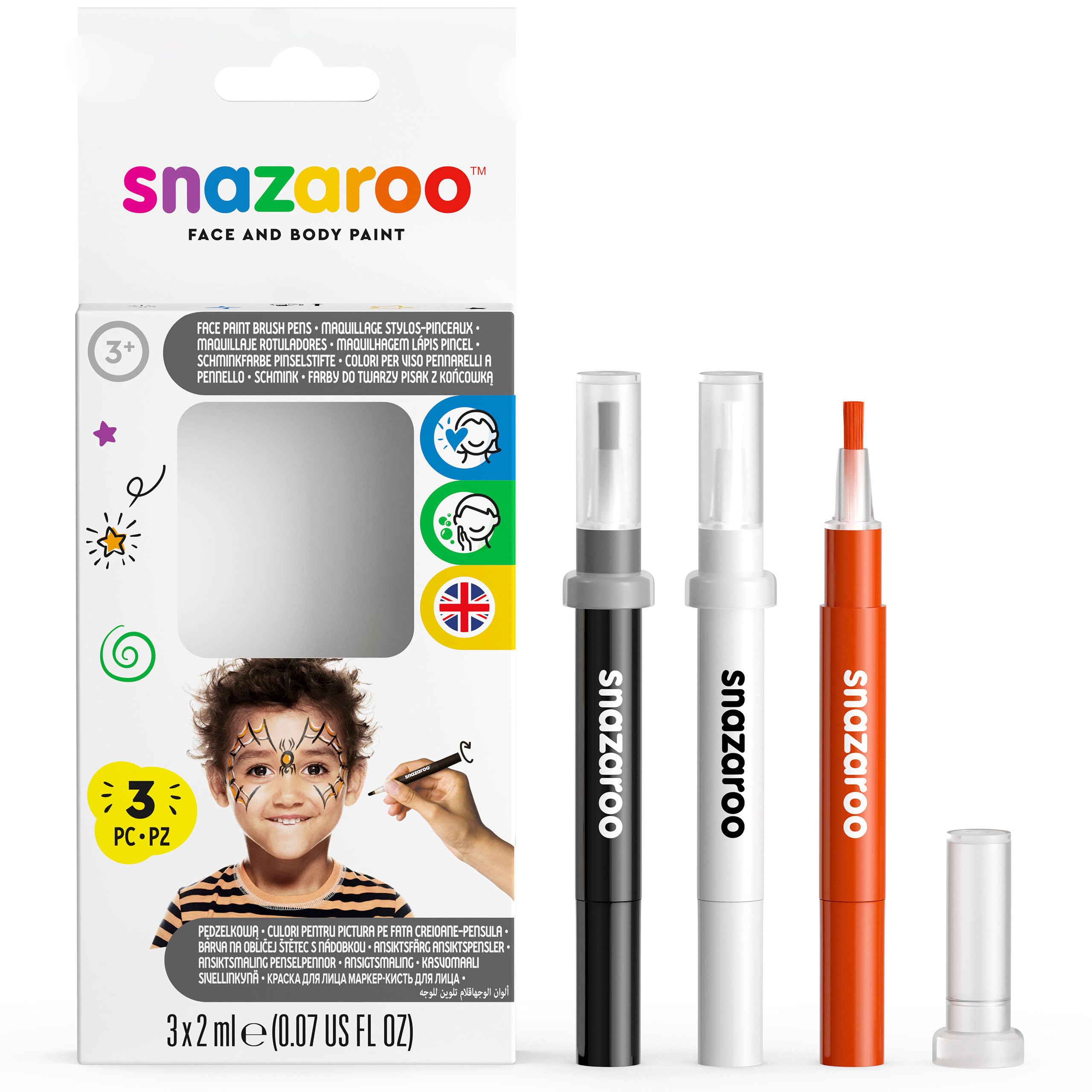 Snazaroo Brush Pens, Halloween Pack of 3, Safe and Non-Toxic, Precision Brush Nib, for Ages 3+,