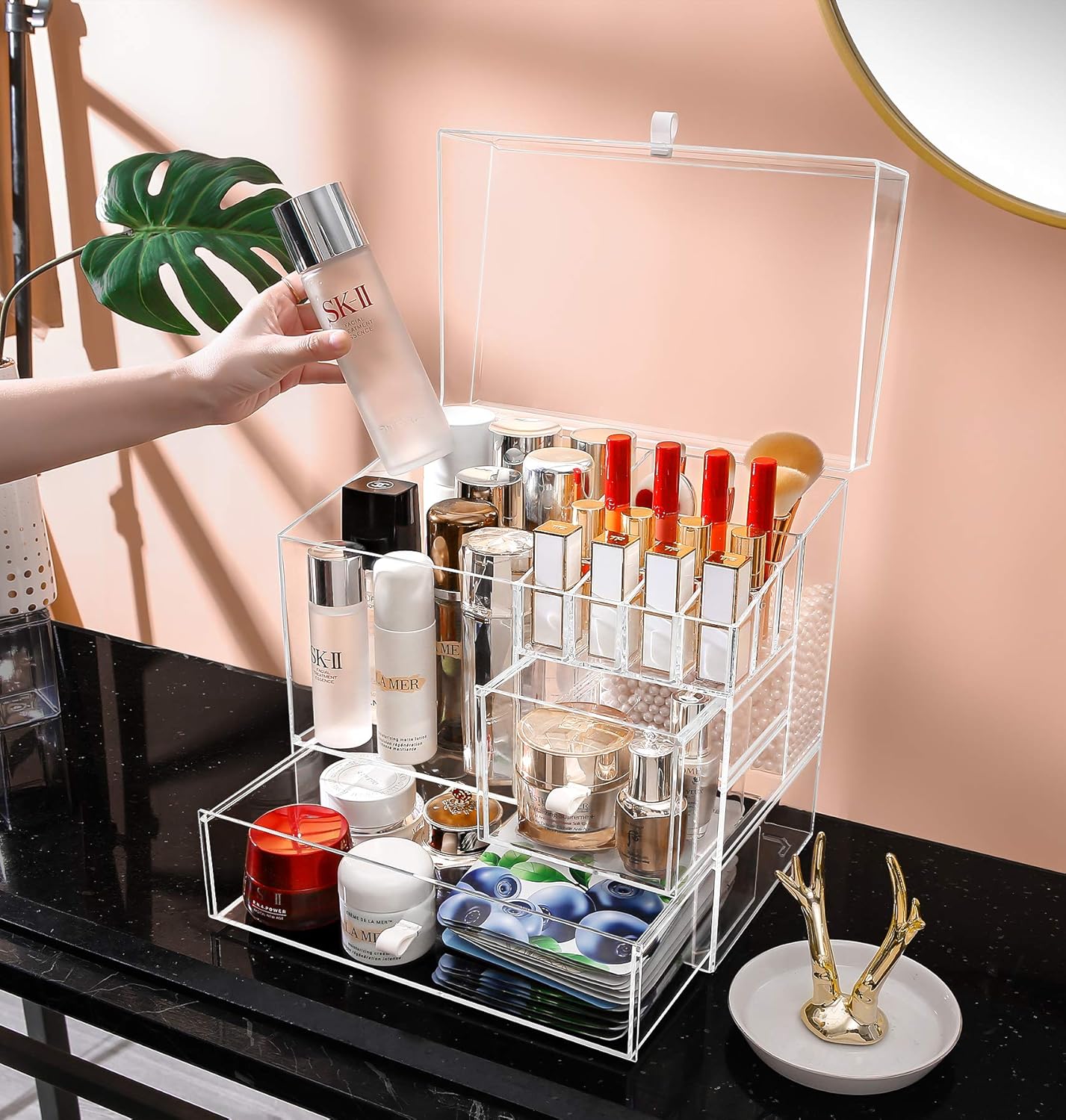MOOCHI Clear Large Makeup Organizer Multifuncational Dust Free Water Proof Cosmetics Storage Drawers Display Case for Brushes Lipsticks Skin Care Jewelry - Pearls Not Included: Beauty