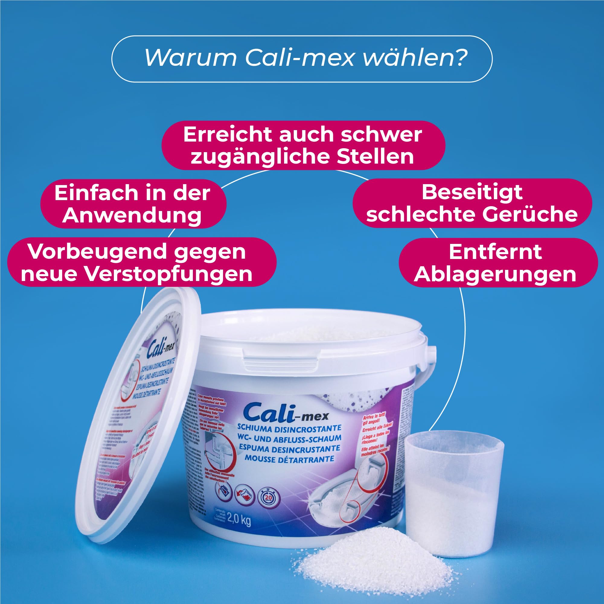 Cali-mex WC-Schaum und Abflussreiniger. Kalkentferner Urinsteinlöser - Reiniger f. Bidets, Urinale, Toiletten. 2kg 3