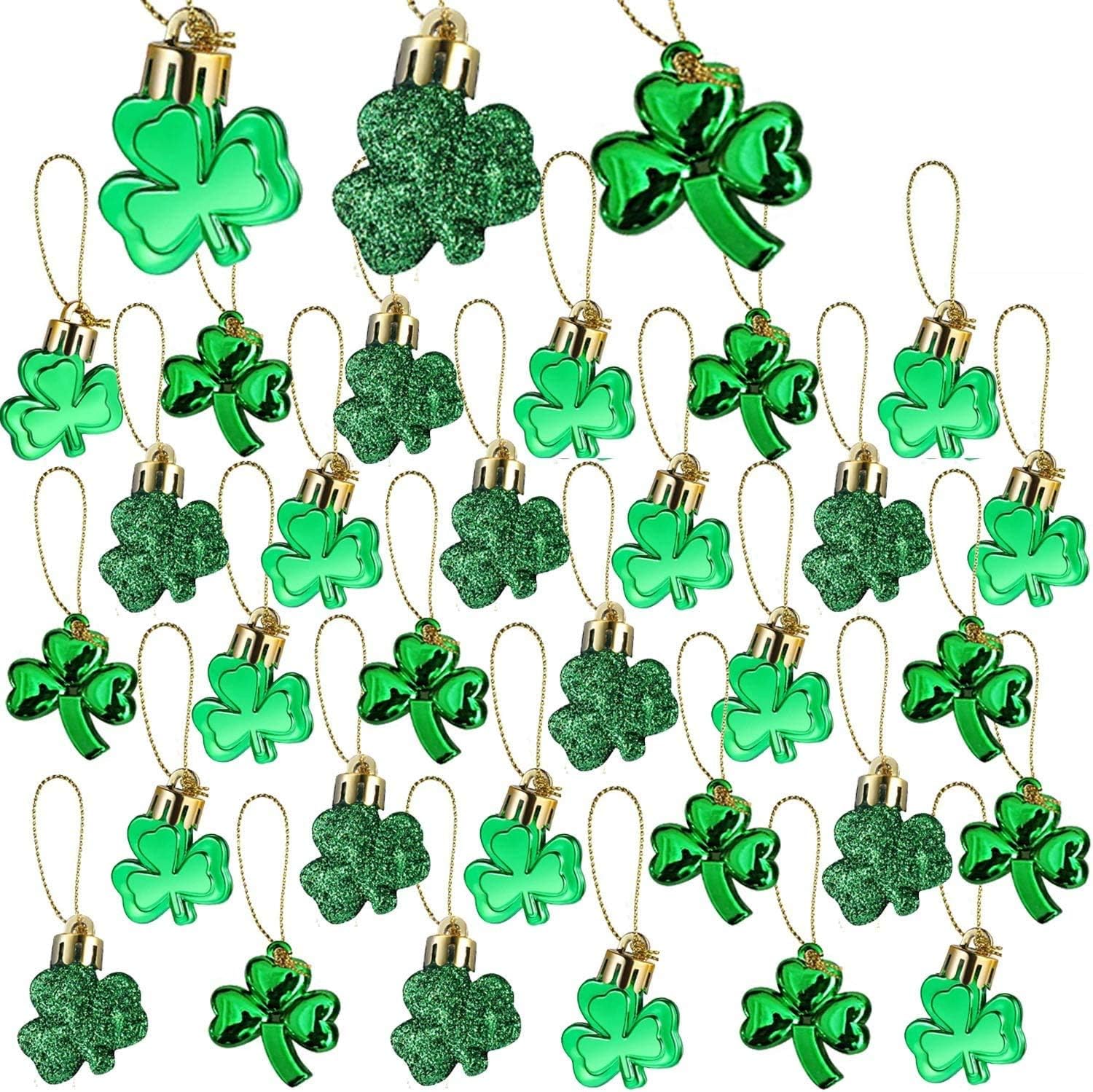 30 PCS St. Patrick's Day Shamrocks Ornament Set - Good Luck Clover Hanging Bauble Trefoil Pendant Decoration for Keyring Tree Shelf Home Decor Irish Festival, 3 Style