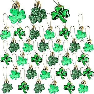 30 PCS St. Patrick's Day Shamrocks Ornament Set - Good Luck Clover Hanging Bauble Trefoil Pendant Decoration for Keyring Tree Shelf Home Decor Irish Festival, 3 Style