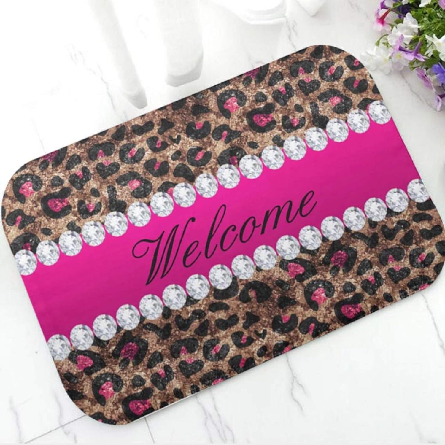 RQJOPE Bath mat Doormat Trendy Hot Pink Faux Foil Leopard Print and Diamonds Welcome Doormat Leopard Animal Print Mat for Bathroom Rug Carpet Home Decor Party Christmas Home decoration-60x90cm