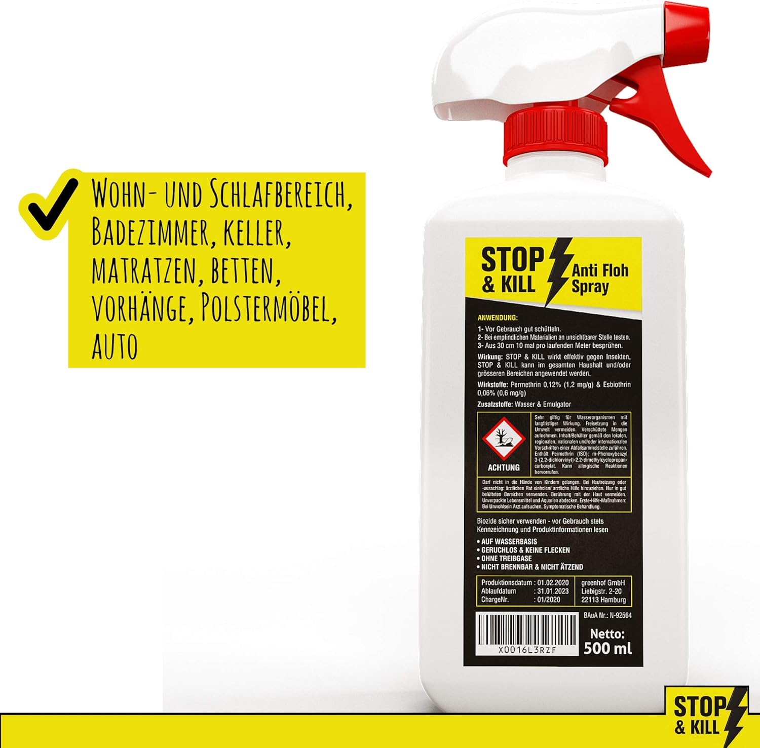 Stop Kill Anti Floh Spray 500 Ml Mittel Gegen Flohe Im Haus Abwehr Fur Bett Sofa Polster Alle Mobel Und Textilien Sofort Langzeitwirkung Geruchlos Auf Wasserbasis Amazon De Garten