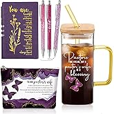 Watersay 6 Pcs Pastor's Wife Appreciation Gifts 13.5oz Glass Cup with Handle Christian Makeup Bag A6 Journal Ballpoint Pens Religious Thank You Gift for Pastor Wife Women Church(Purple)