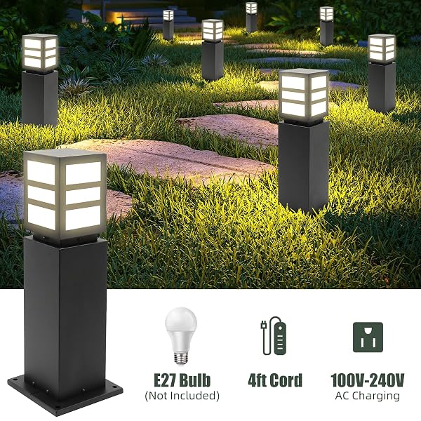 LANDSCAPE PATH LIGHTS 24″ IP65 WATERPROOF BOLLARD LIGHTS, HEAVY DUTY STEEL STABLE WIDENED BASE E27 LAMP HOLDER, MODERN OUTDOOR PATH LIGHTS BOLLARD FOR LAWN, PATIO, COURTYARD, DRIVEWAY, OBLONG 1PACK