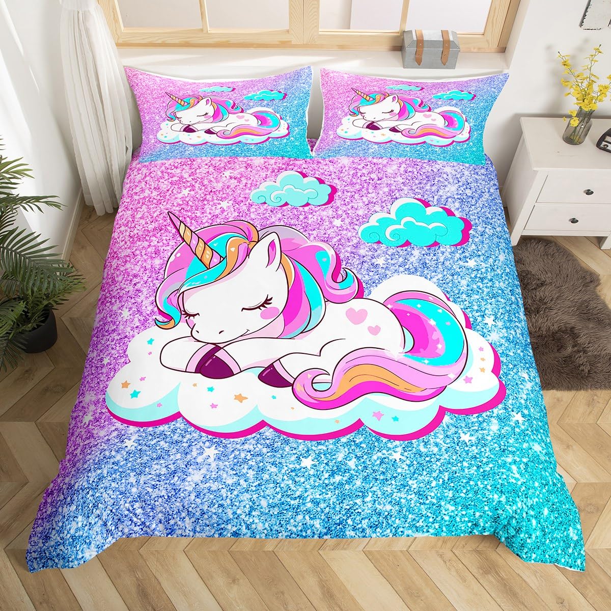 Loussiesd Girls Unicorn Bedding Set Girly Glitter Animal Duvet Cover For Kids Child Teens Pastel Rainbow Dreamy Horse Comforter Cover Pink Blue Bright King Size