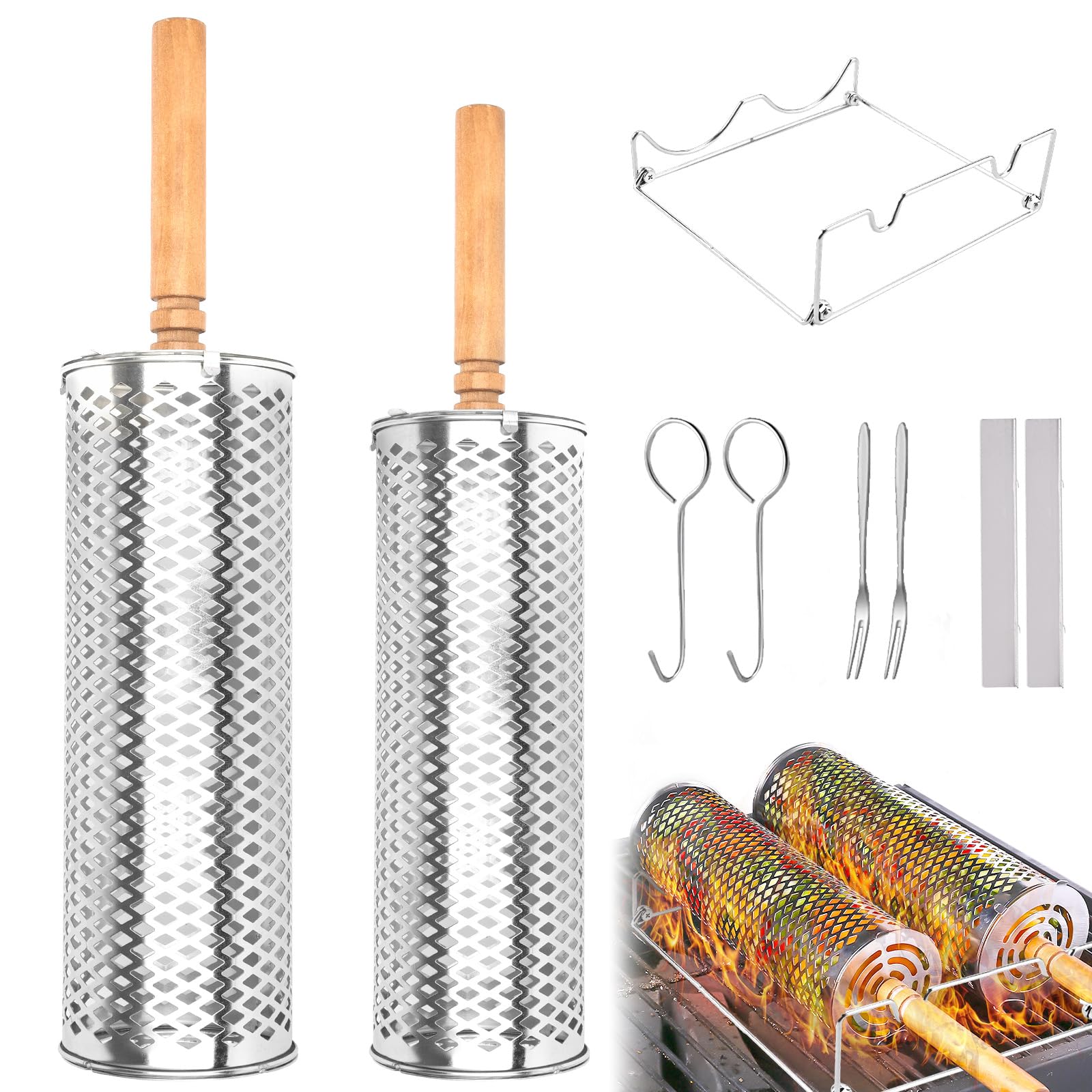 Foyucool Nesting Grill Baskets, 2 Pieces Rolling Grill Basket, BBQ Accessories, Thickened Stainless Steel, Removable Wooden Handle, with Rotating Stand, for Outdoor BBQ, Camping, for Meat Vegetables