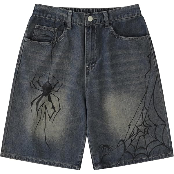 Pbkabiug Y2K Blue Denim Shorts Spider Cobweb Printed Summer