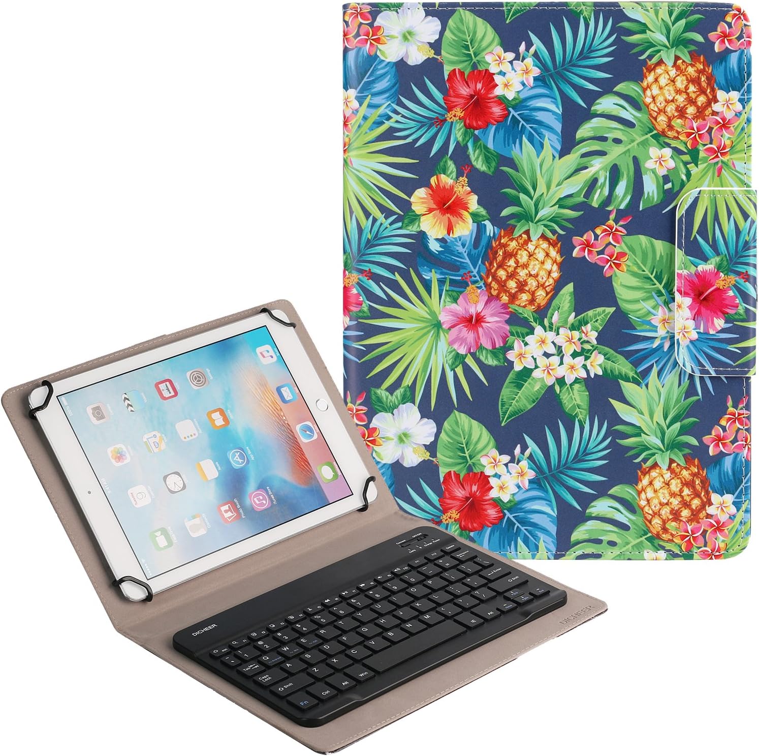Universal Bluetooth Keyboard Case,Pineapples,DICHEER 2 in1 Wireless Detachable Removable Keyboard Leather Case for iPad,Android,Windows Tablet 9 10 inch Card Slots and Kickstand