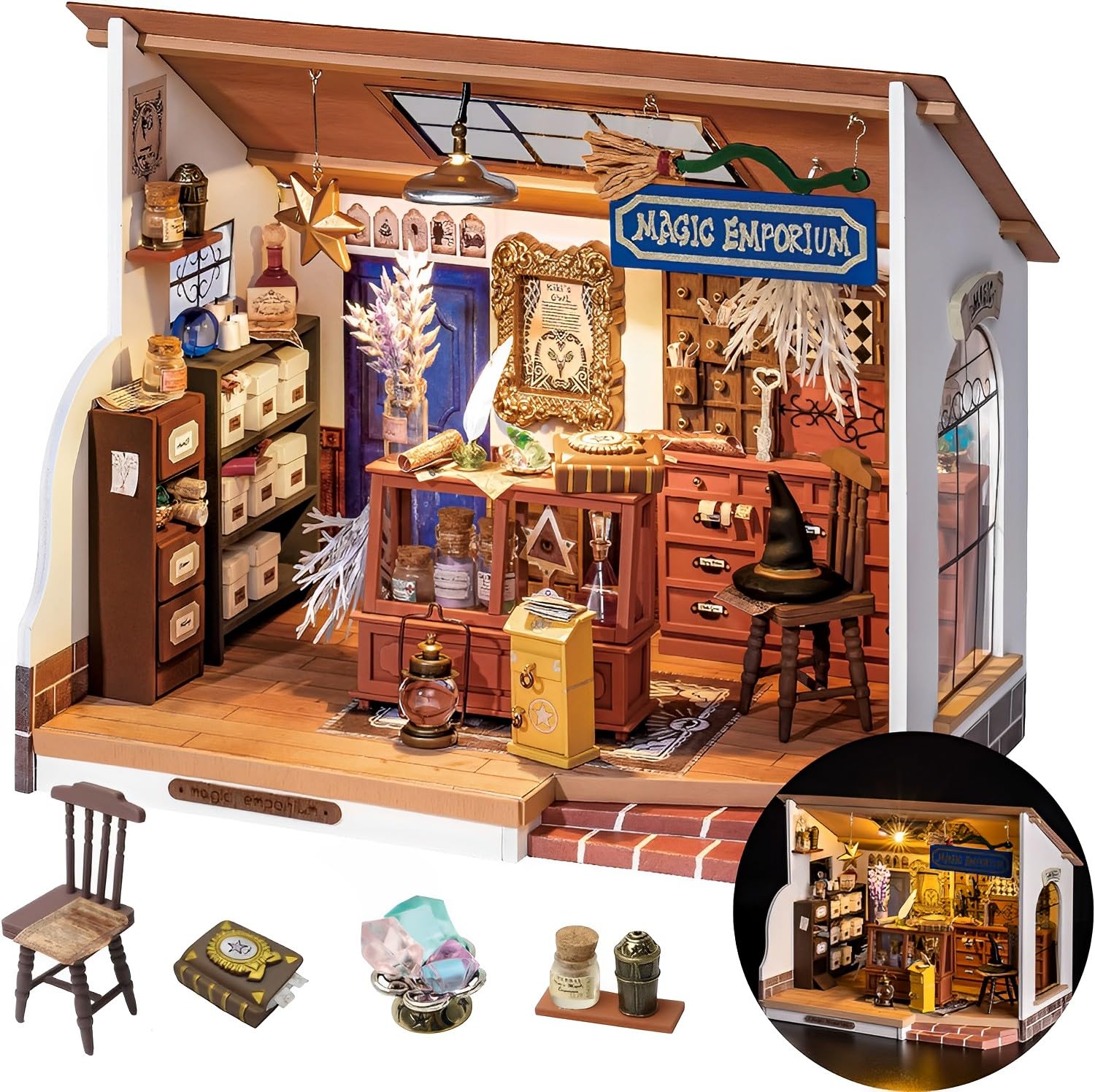 Rolife DIY Miniature House Kit Kiki's Magic Emporium, 291-Piece Model Kit Dolls House for Teens Adults No Glue Needed, 3D Puzzle Mini House Building Kit 4-Hour Assembly Book Nook Craft Kit — image 1