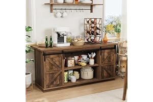 Shahoo Farmhouse Sideboard Buffet Cabinet, Coffee Bar Storage with Sliding Barn Doors, Shelf for Home Dining Room, 27.5 Height, Barnwood