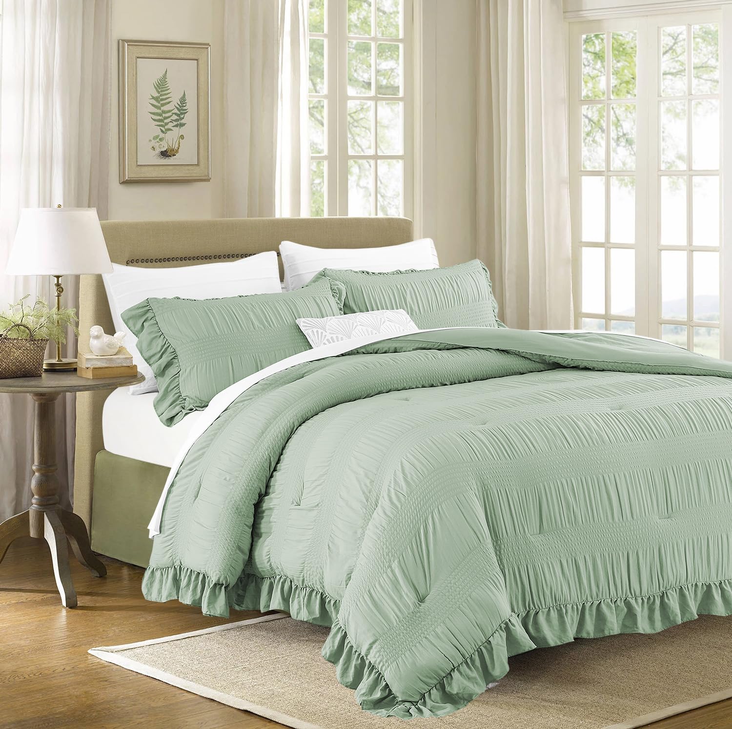 Photo 1 of ALEISSEL Sage Green Seersucker Comforter Queen Size with Ruffled Edges, Ultra-Soft Sage Green Bedding Set Queen Size 3 Piece Set, Down Alternative Comforter Set(Queen/90 * 90)