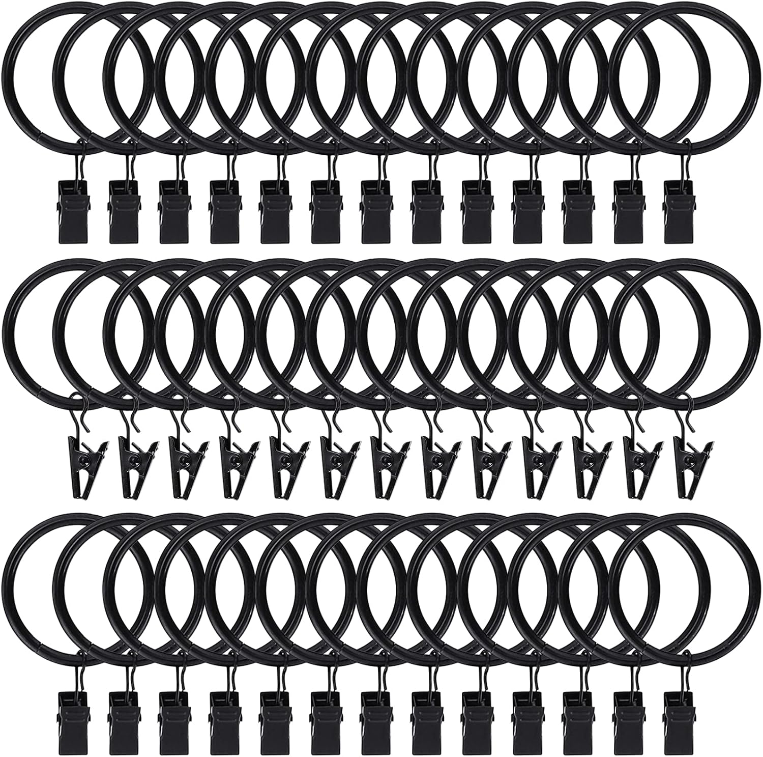 Window Treatment Hardware - 44pcs Curtain Rings with Clips Hooks 1.5 inch Rustproof Matte Metal Stainless Steel Drapery Rings for Tension Rod Bracket Eyelets Decorative Hangers, Vintage Black (1.5