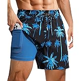 Gleeease 4inch Mens Swim Trunks: with Compression Liner Zipper Pocket Drawstring Quick Dry Stretch Lined Palm Tree Beach Pool