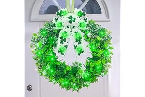 DONSAJI 16" St Patricks Day Wreath for Front Door - 28 Clover Green Lights Battery Operated Shamrock Wreath with Bow, Spring Artificial Wreath Irish St Patricks Day Decoration for Wall Window Porch Home