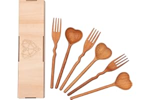 JABIHOME Handmade Wooden Forks and Spoons Set (6pcs), Easter Gifts for Mom, Wooden Heart-Shaped Spoons, Kitchen Gifts for Mom, Wedding Gifts for Couple, New Year Gifts for Girlfriend