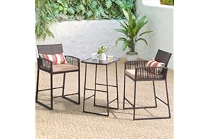 SUNSITT 3-Piece Outdoor Wicker Bar Height Table Set, 2 Bar Stools and 1 Pub Table with 2 Striped Pillows, Seat Cushions, Steel Frame