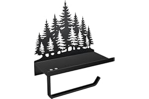 Rustic Toilet Paper Holder with Pine Tree Design - Metal Farmhouse Bathroom Tissue Roll Organizer with Shelf for Cabin Bathro