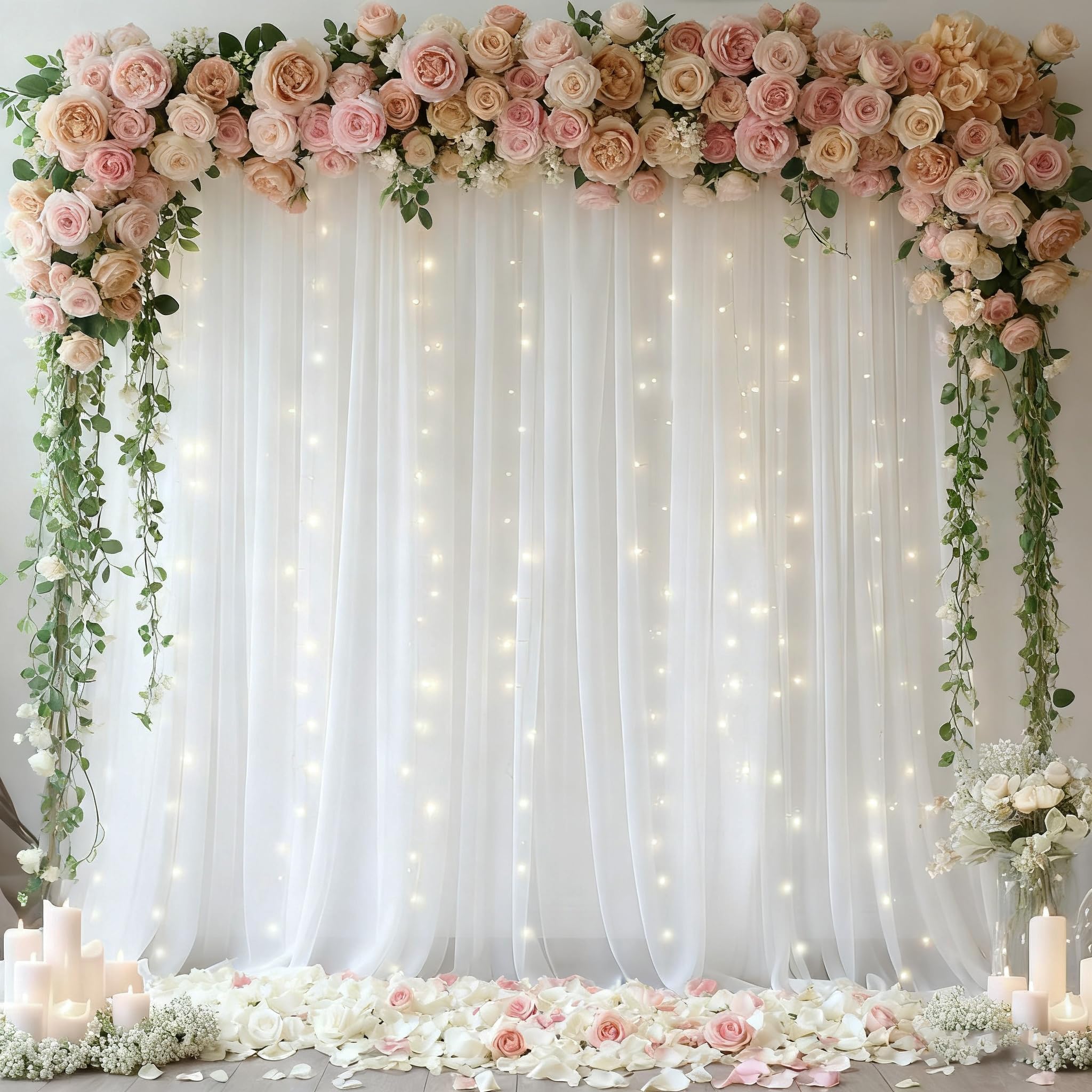 Photo 1 of 10x10ft White Tulle Backdrop Curtain with Lights String for Parites, Sheer Photo Backdrop Drapes with Lights for Wedding Ceremony Reception Baby Shower Bridal Shower Birthday Party