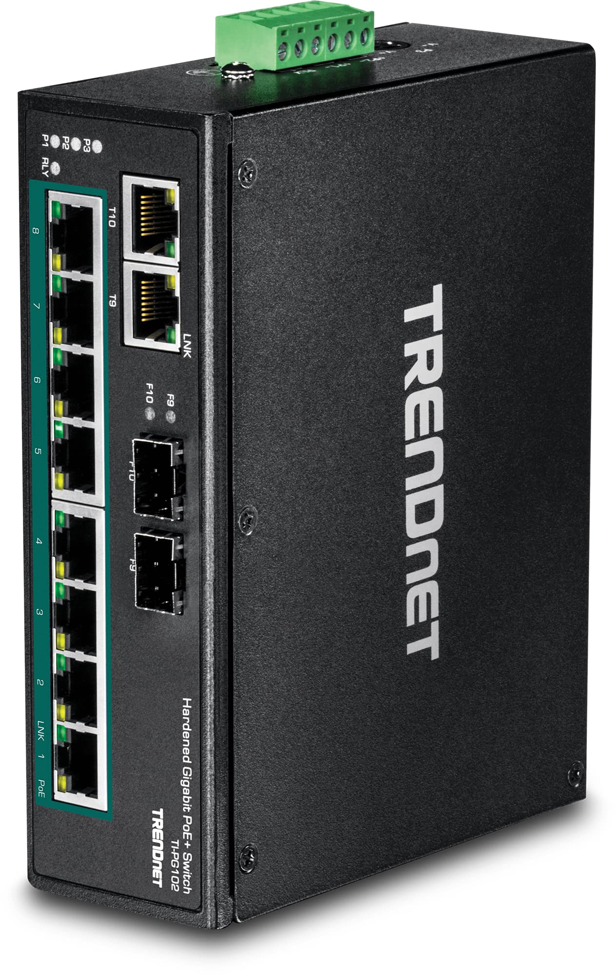TRENDnet 10-Port Industrial Gigabit PoE+ DIN-Rail Switch, 8 x Gigabit PoE+ Ports, DIN-Rail Mount, 2 x SFP Slots, 240W PoE Power Budget, Network Switch, IP30, QoS, Black, TI-PG102