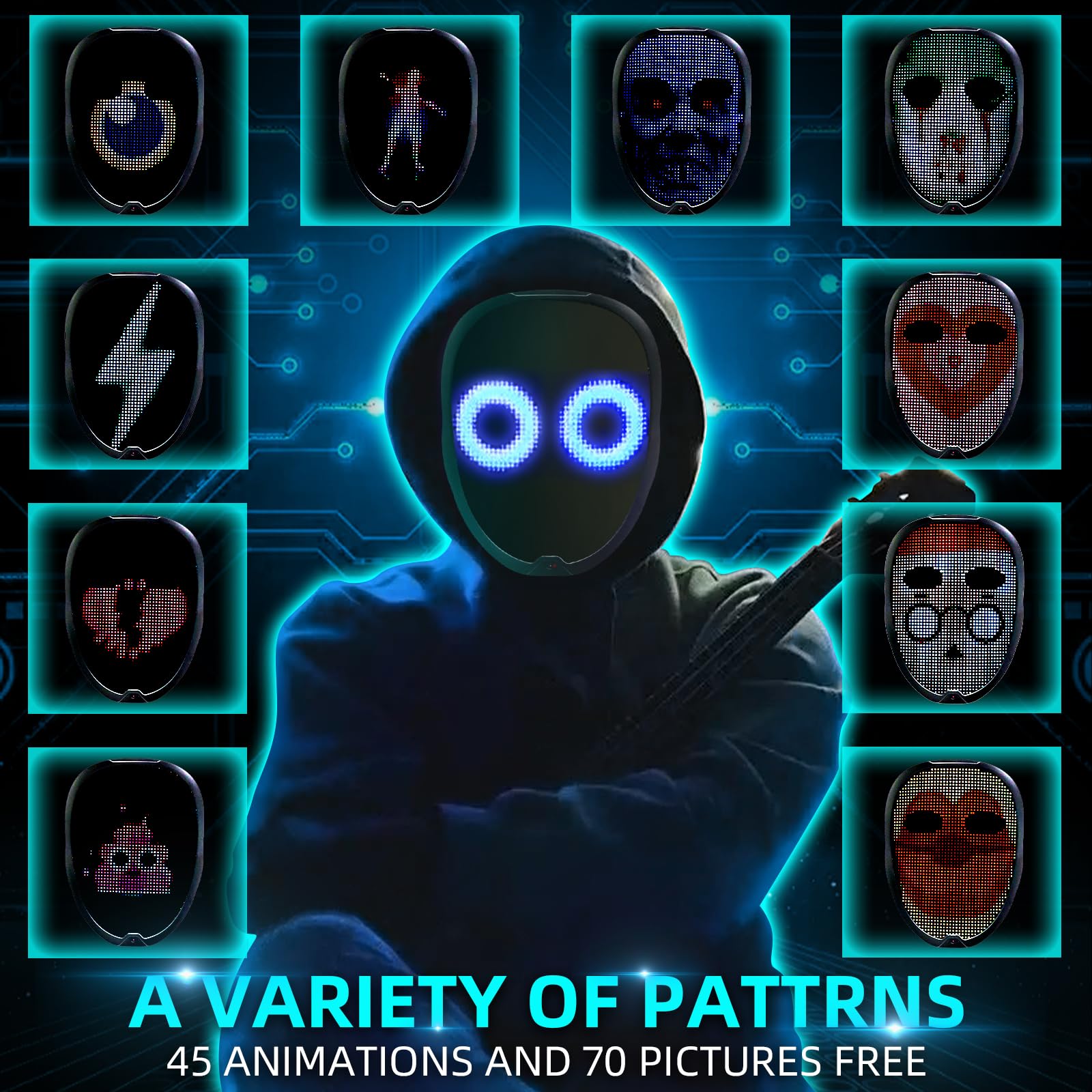 Ompusos LED Mask with Gesture Sensing, Light-Up Transforming Face Cover for Halloween, Christmas, Cosplay & Birthday Parties