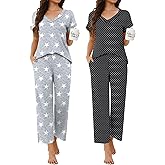 Ekouaer 2 Pack Pajamas for Women Short Sleeve V Neck Pj 2 Piece Lounge Sets S-XXL