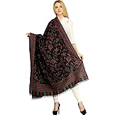 Exotic India Women Reversible Jamawar Wool Shawl with Woven Flowers | Ethnic Beautiful Floral Weave Stole, Dupatta