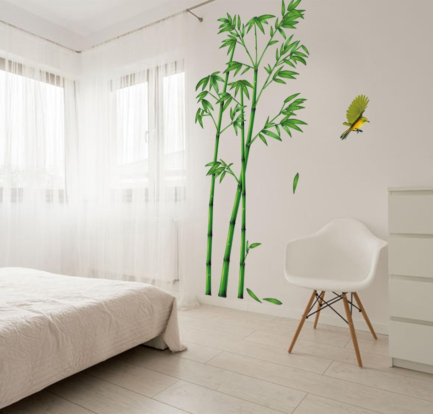 ufengke® Chinese Stytle Green Bamboo and Bird Wall Decals, Living Room Bedroom TV Wall Removable Wall Stickers Murals - Image 4
