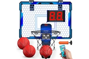 HYES Remote Control Basketball Hoop Indoor with 7 LED Lighting, Mini Basketball Hoop with Electronic Scoreboard, 3 Modes, Over Door Basketball Hoop, Basketball Toys Sport Gifts for Kids, Adults (Blue)