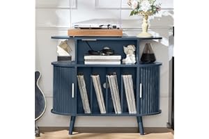 LELELINKY Large Round Record Player Stand with Charging Station & Fluted Panel,Navy Blue Mid Century Modern Turntable Cabinet with Vinyl Storage, Arched Wood Record Player Table for Living Room