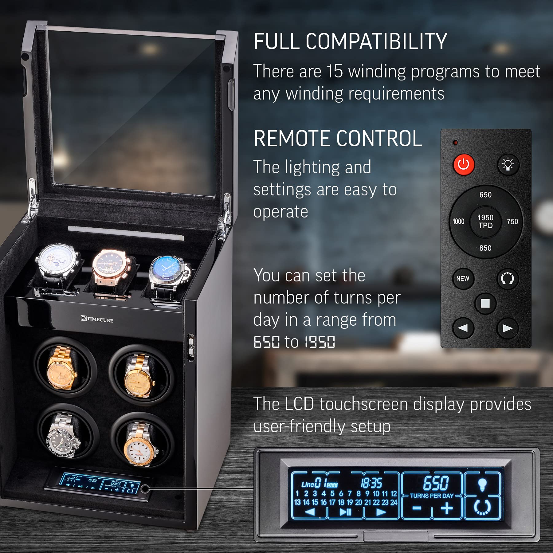 TIMECUBE Watch Winder for 4 Watches with 15 Winding Programs and 3 Watch Storage Slots