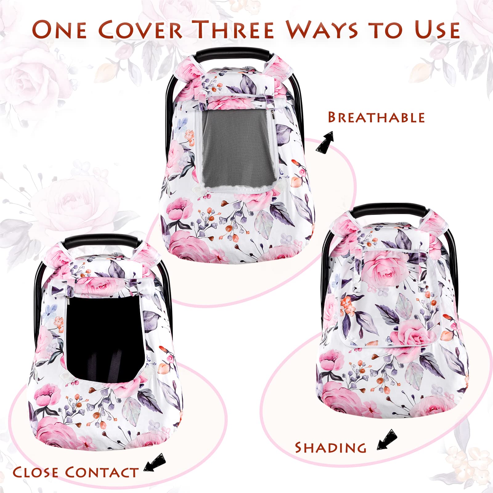 Floral Baby Carseat Cover Girls, Pea Pod Infant Car Seat Covers Canopy for Newborn with 2 Layers Windows of Breathable Mesh/Fabric, Lightweight Polyester/Minky Dot Backing, Snug Fit Most Baby Car Seat