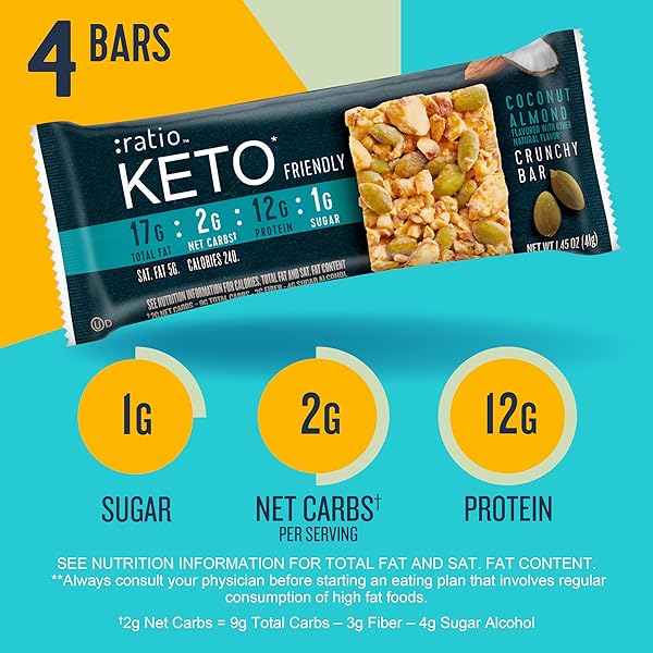 :RATIO KETO FRIENDLY CRUNCHY BARS, COCONUT ALMOND, GLUTEN FREE SNACK, 4 CT