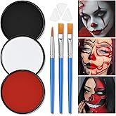 FREEORR White Black Red Foundation Face Body Paint, Halloween Makeup Face Painting Kit with Painting Brushes and Makeup Sponge for Women&Men Goth Clown Vampire Joker SFX Cosplay Party-30g