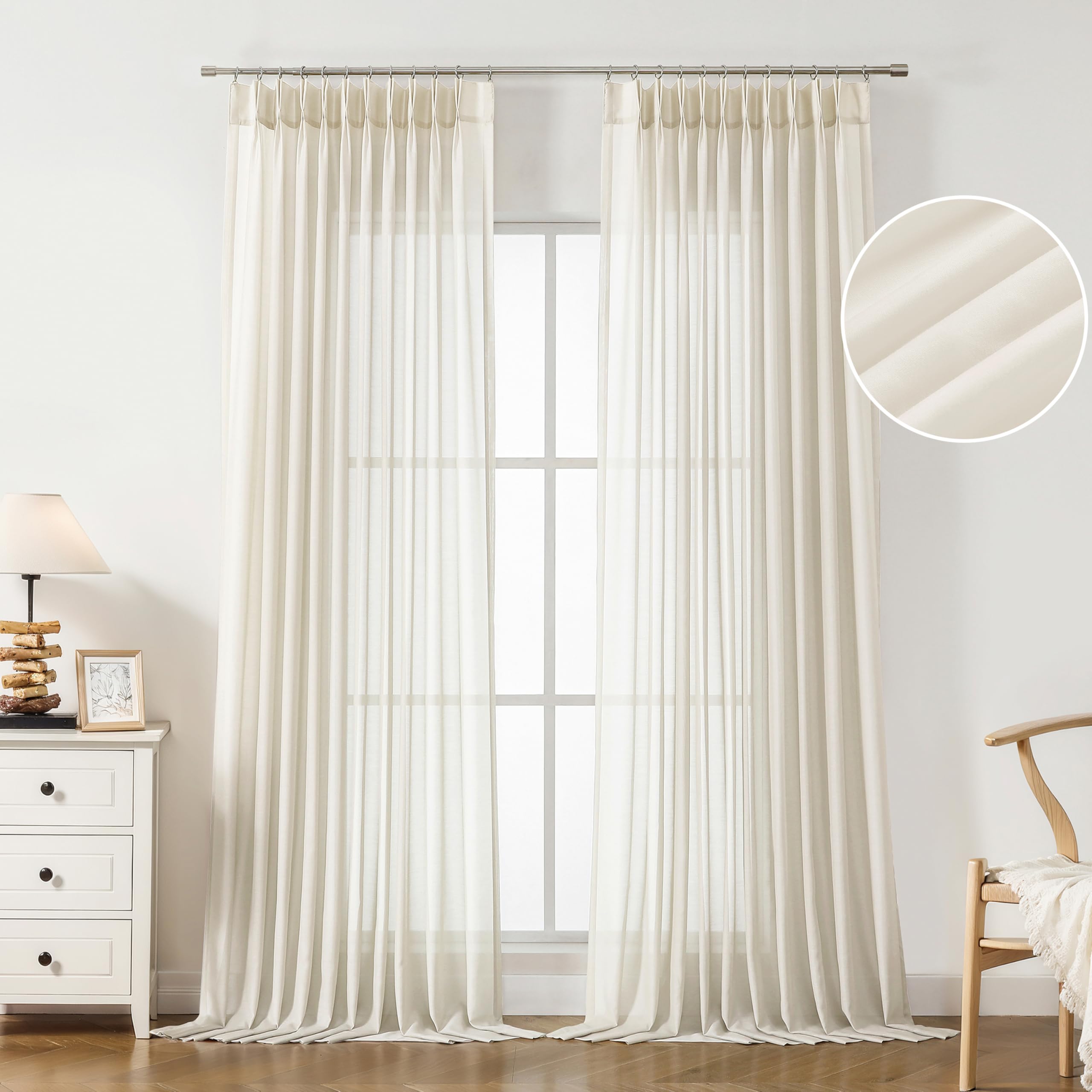 Photo 1 of WEST LAKE Egret Ivory Pinch Pleated Sheer Curtains 102 Inches Long,Cream Soft Rustic Drapes for Bedroom Living Room,Farmhouse Back Tab Hook Window Treatment,Custom Multi Sizes,58" Wx102 Lx2