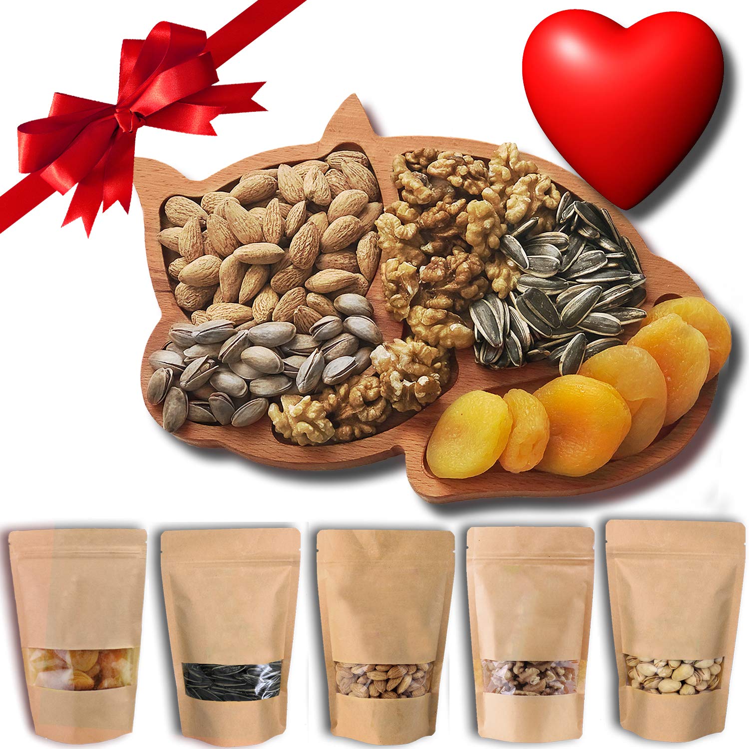 Cat Sympathy Nuts Gift Basket - 5 in 1 Turkish Special Dried Fruit Mixed Nut Gifts Gourmet Food Wooden Crate Box Gluten Free Healthy Snacks and Reusable Wood Tray for Family Men & Womens