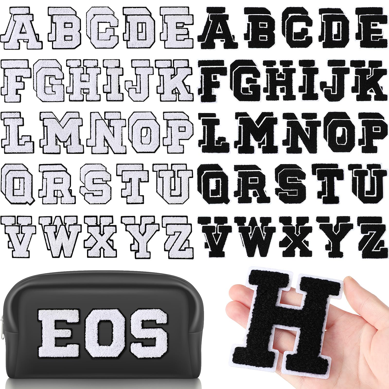 Photo 1 of 104 Pcs Chenille Letters Patches Iron on Large 3.2 H x 2.4 W College Letters Patches Embroidered Trimmed Preppy Alphabet for Clothing Repairing(Black, White)