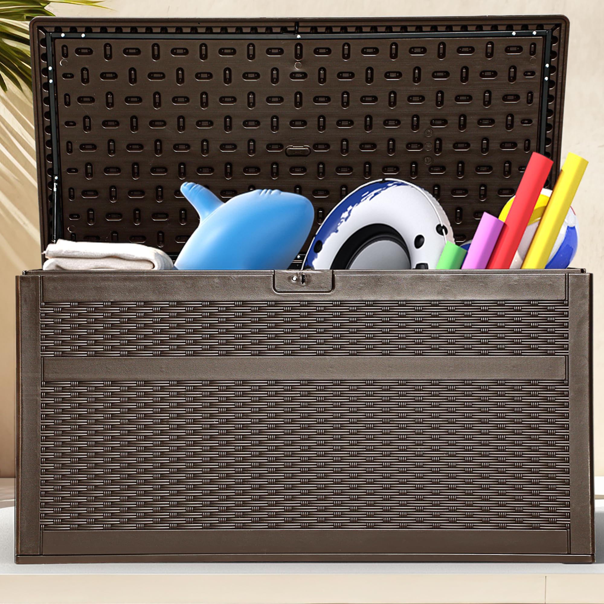 Photo 1 of DWVO 230 Gallon Resin Outdoor Storage Box, XXL Double-Wall Waterproof Deck Box with Divider, Doubles as Table or Seating with 1000 lbs Capacity, Lockable (Brown)