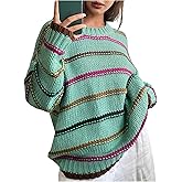 BEAUDRM Women's Cable Knit Striped Sweater Crew Neck Long Sleeve Oversized Knitted Pullover Jumper Tops