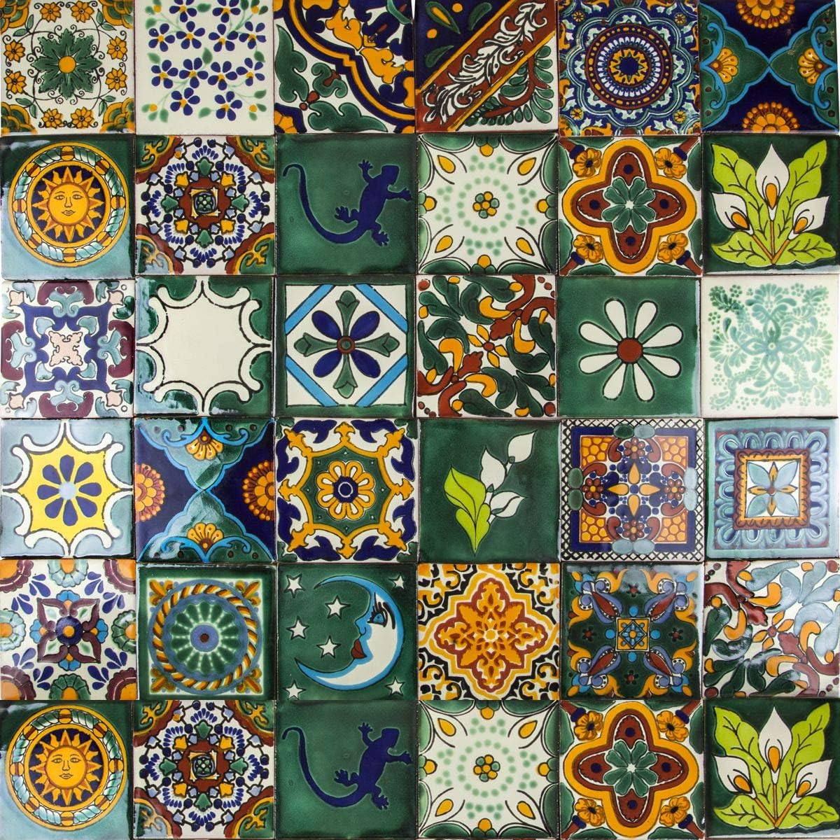 Mexican Ceramic Tiles - Verde by Cerames - 30 Decorative Mexican Mosaic Tiles for Bathroom, Kitchen, Shower, Stairs, Living Room, Kitchen backsplash | Mexican Tiles backsplash 10,5x10,5 cm