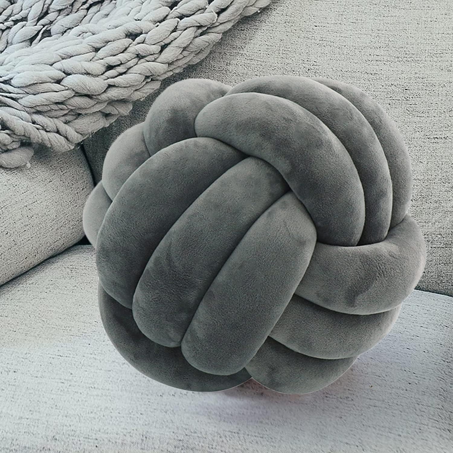 Soft Knot Ball Pillow, Short Plush Round Cushion, Plush Knot Plush Cushion for Home Decor (8.7" Gray)