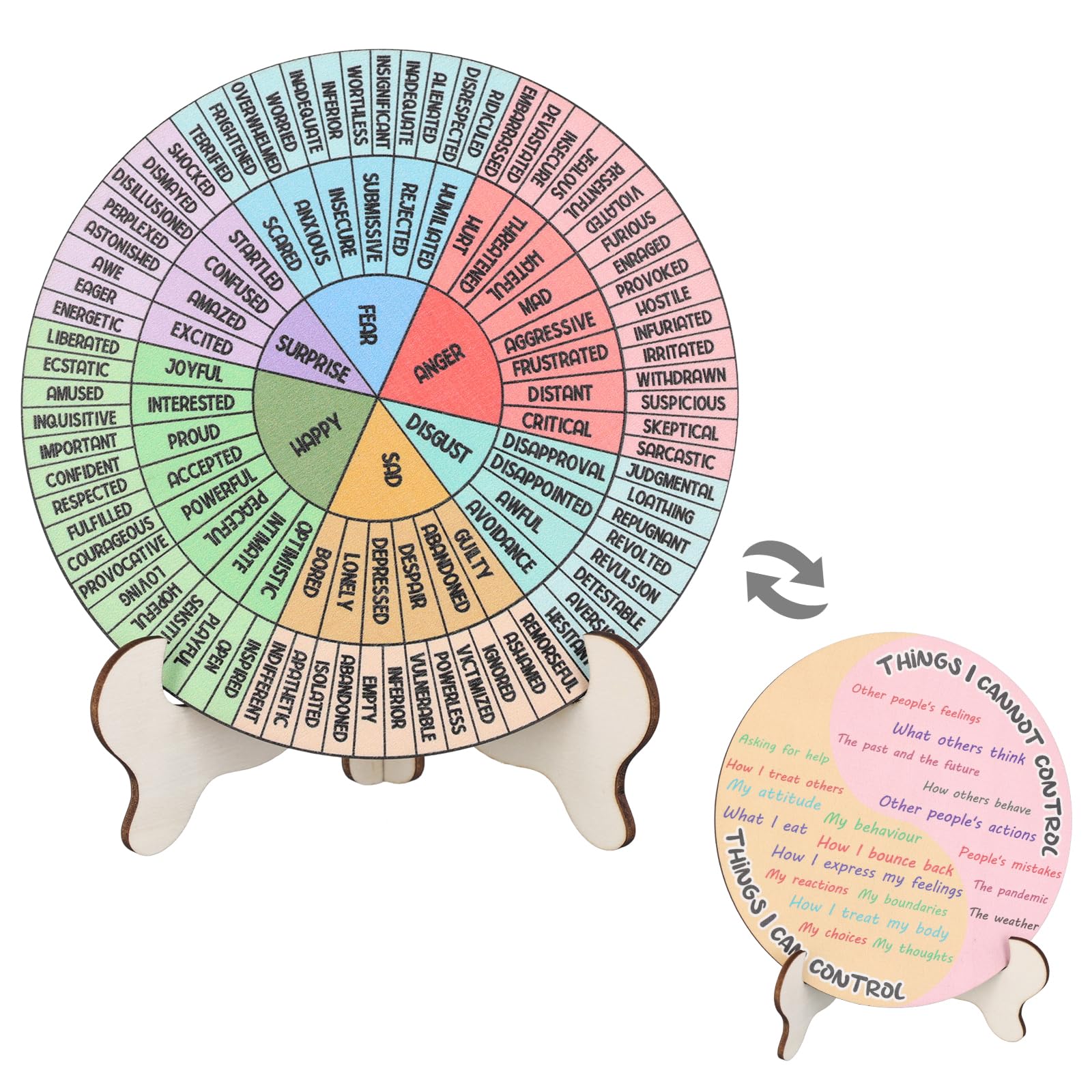 Feelings Wheel with Stand, Double-Sided Emotion Wheel Chart Wooden Mood Wheel Mental Health Therapist Gift for Women Men Home Office Decor